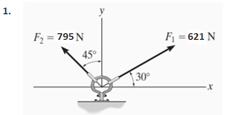 1.
F = 795 N
F1 = 621 N
45°
30°
