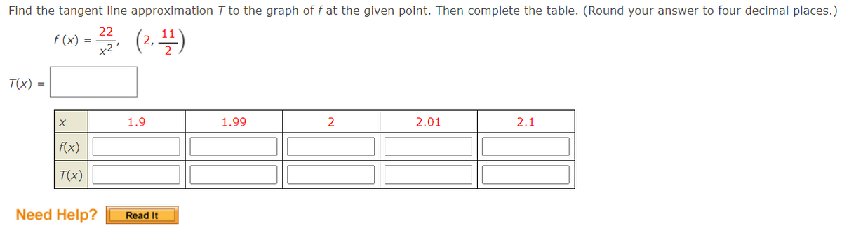 Find the tangent line approximation T to the graph of f at the given point. Then complete the table. (Round your answer to four decimal places.)
22
f (x) =
x2
(2. 플)
T(x) =
1.9
1.99
2.01
2.1
f(x)
T(x)
Need Help?
Read It
