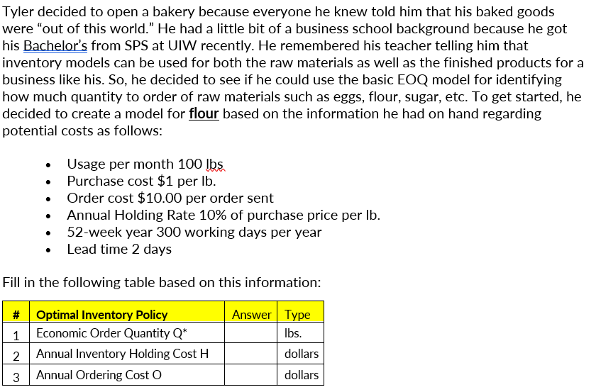Tyler decided to open a bakery because everyone he knew told him that his baked goods
were “out of this world." He had a little bit of a business school background because he got
his Bachelor's from SPS at UIW recently. He remembered his teacher telling him that
inventory models can be used for both the raw materials as well as the finished products for a
business like his. So, he decided to see if he could use the basic EOQ model for identifying
how much quantity to order of raw materials such as eggs, flour, sugar, etc. To get started, he
decided to create a model for flour based on the information he had on hand regarding
potential costs as follows:
• Usage per month 100 bs
Purchase cost $1 per Ib.
Order cost $10.00 per order sent
Annual Holding Rate 10% of purchase price per Ib.
52-week year 300 working days per year
Lead time 2 days
Fill in the following table based on this information:
# Optimal Inventory Policy
Economic Order Quantity Q*
Answer Type
1
Ibs.
2 Annual Inventory Holding Cost H
dollars
Annual Ordering Cost O
dollars
