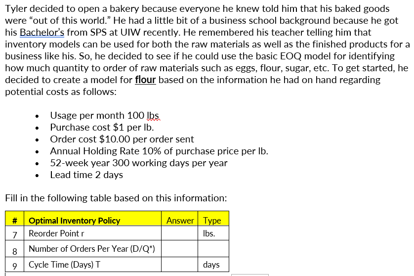 Tyler decided to open a bakery because everyone he knew told him that his baked goods
were "out of this world." He had a little bit of a business school background because he got
his Bachelor's from SPS at UIW recently. He remembered his teacher telling him that
inventory models can be used for both the raw materials as well as the finished products for a
business like his. So, he decided to see if he could use the basic EOQ model for identifying
how much quantity to order of raw materials such as eggs, flour, sugar, etc. To get started, he
decided to create a model for flour based on the information he had on hand regarding
potential costs as follows:
Usage per month 100 Ibs
Purchase cost $1 per Ib.
Order cost $10.00 per order sent
Annual Holding Rate 10% of purchase price per Ib.
• 52-week year 300 working days per year
• Lead time 2 days
Fill in the following table based on this information:
Optimal Inventory Policy
Answer Type
7
Reorder Point r
Ibs.
8
Number of Orders Per Year (D/Q*)
9
Cycle Time (Days) T
days
%23
