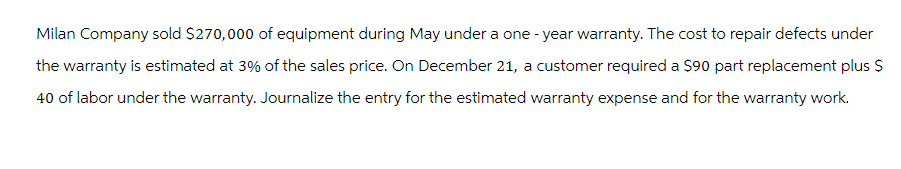 Milan Company sold $270,000 of equipment during May under a one-year warranty. The cost to repair defects under
the warranty is estimated at 3% of the sales price. On December 21, a customer required a $90 part replacement plus $
40 of labor under the warranty. Journalize the entry for the estimated warranty expense and for the warranty work.