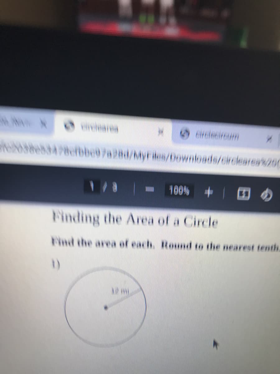 Hirelearen
eireleeireum
0he534780fbbe07a2ad/ty/rles/bownloads/crclearea200
100% +
Finding the Area of a Circle
Find the area of each. Round to the nearest tenth.
1)
P mi
