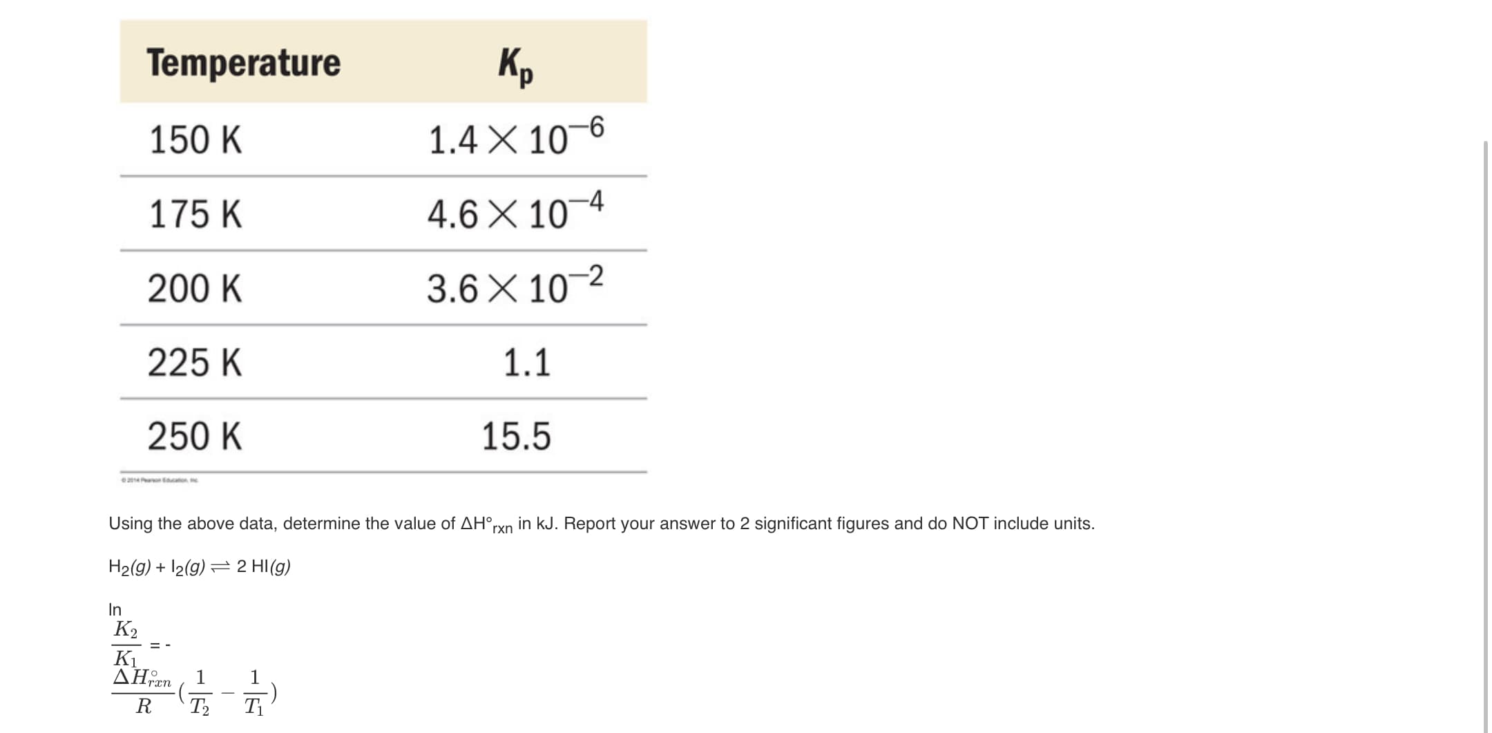 Temperature
Kp
150 K
1.4 X 10-6
175 K
4.6X 10¬4
200 K
3.6 X 102
225 K
1.1
250 K
15.5
tcaton
Using the above data, determine the value of AH°rxn in kJ. Report your answer to 2 significant figures and do NOT include units.
H2(g) + l2(g) = 2 HI(g)
In
K2
K1
ΔΗ 1
1
R
T2
T1
