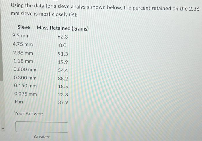 Using the data for a sieve analysis shown below, the percent retained on the 2.36
mm sieve is most closely (%):
Sieve Mass Retained (grams)
9.5 mm
62.3
4.75 mm
8.0
2.36 mm
91.3
1.18 mm
19.9
0.600 mm
54.4
0.300 mm
88.2
0.150 mm
18.5
0.075 mm
23.8
Pan
37.9
Your Answer:
Answer