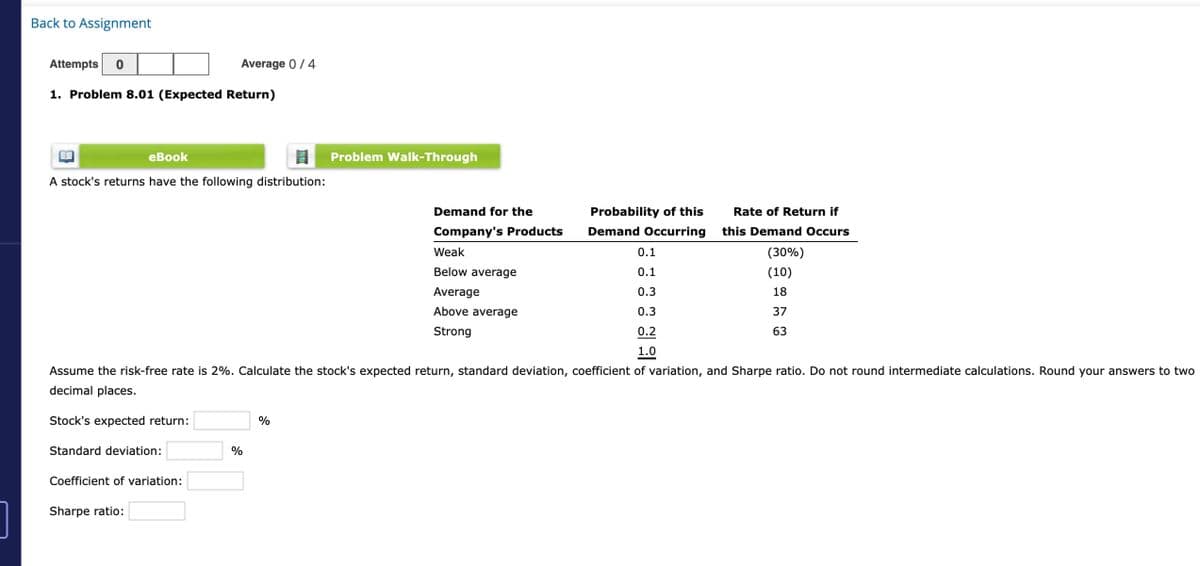 Back to Assignment
Attempts 0
1. Problem 8.01 (Expected Return)
eBook
A stock's returns have the following distribution:
Average 0 / 4
Standard deviation:
Coefficient of variation:
Sharpe ratio:
0.1
0.1
0.3
0.3
0.2
1.0
Assume the risk-free rate is 2%. Calculate the stock's expected return, standard deviation, coefficient of variation, and Sharpe ratio. Do not round intermediate calculations. Round your answers to two
decimal places.
Stock's expected return:
%
Problem Walk-Through
%
Demand for the
Company's Products
Probability of this
Demand Occurring
Weak
Below average
Average
Above average
Strong
Rate of Return if
this Demand Occurs
(30%)
(10)
18
37
63