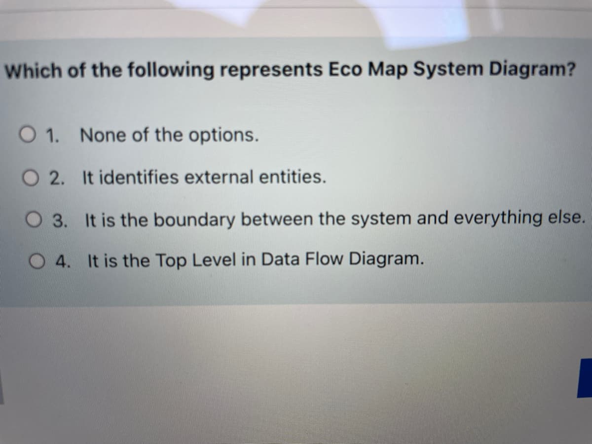 Which of the following represents Eco Map System Diagram?
O 1. None of the options.
O 2. It identifies external entities.
O 3. It is the boundary between the system and everything else.
O 4. It is the Top Level in Data Flow Diagram.
