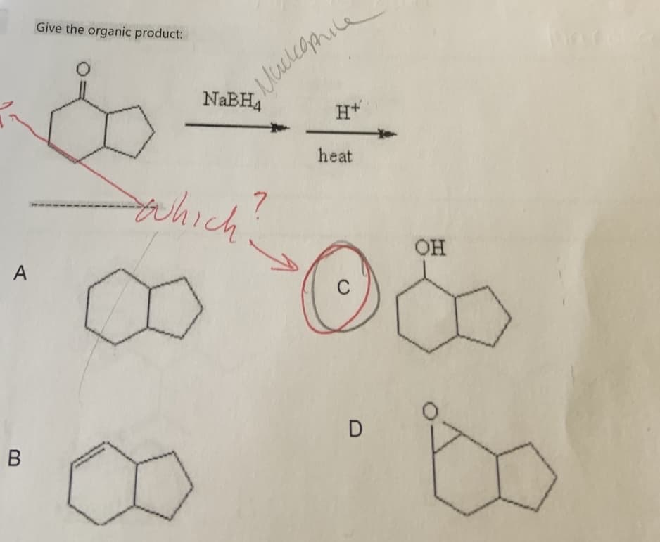 A
в
00
Give the organic product:
Мискориа
NaBH4
which ?
H+
heat
C
D
OH
