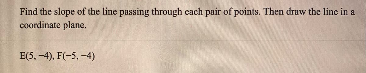 Find the slope of the line passing through each pair of points. Then draw the line in a
coordinate plane.
E(5, -4), F(-5, -4)
