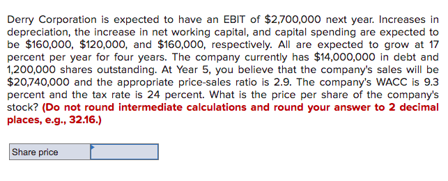 Derry Corporation is expected to have an EBIT of $2,700,000 next year. Increases in
depreciation, the increase in net working capital, and capital spending are expected to
be $160,000, $120,000, and $160,000, respectively. All are expected to grow at 17
percent per year for four years. The company currently has $14,000,000 in debt and
1,200,000 shares outstanding. At Year 5, you believe that the company's sales will be
$20,740,000 and the appropriate price-sales ratio is 2.9. The company's WACC is 9.3
percent and the tax rate is 24 percent. What is the price per share of the company's
stock? (Do not round intermediate calculations and round your answer to 2 decimal
places, e.g., 32.16.)
Share price