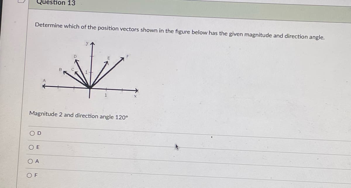 Question 13
Determine which of the position vectors shown in the figure below has the given magnitude and direction angle.
Magnitude 2 and direction angle 120°
OD
O E
O A
OF
