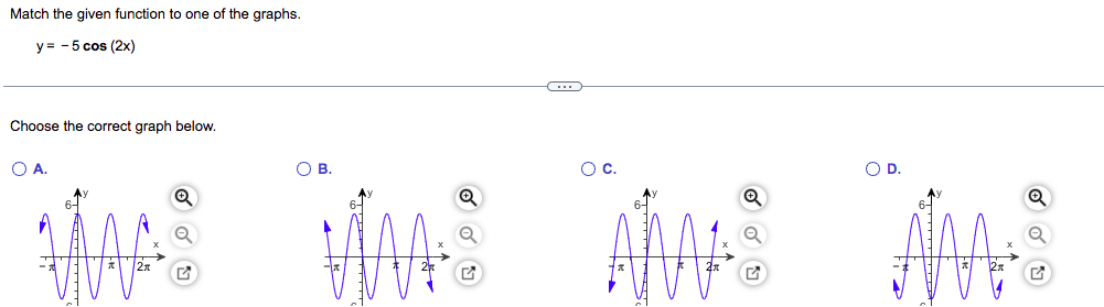 Match the given function to one of the graphs.
y = -5 cos (2x)
Choose the correct graph below.
OA.
2x
O B.
C
O C.
O D.