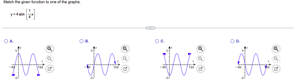 Match the given function to one of the graphs.
y = 4 sin
7x
C
O A.
O B.
O C.
O D.
Q
Mi mi mi m
12x
12x
- 4x