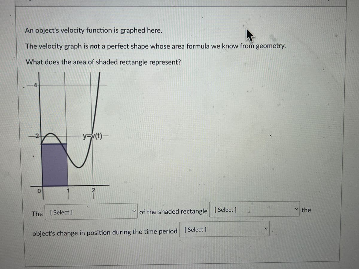 An object's velocity function is graphed here.
The velocity graph is not a perfect shape whose area formula we know from geometry.
What does the area of shaded rectangle represent?
—4-
-2
0
The [Select]
-y=v(t)-
2
of the shaded rectangle [Select]
object's change in position during the time period [Select]
>
>
the
-