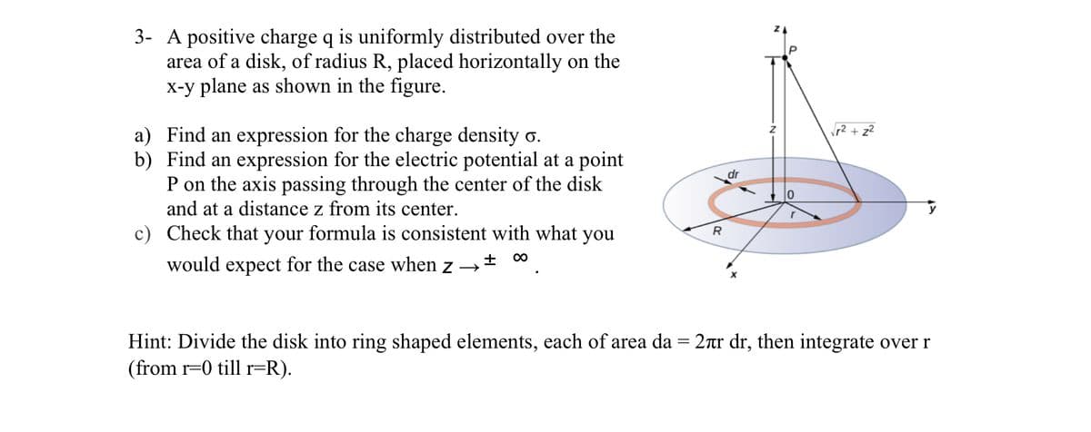 3- A positive charge q is uniformly distributed over the
area of a disk, of radius R, placed horizontally on the
x-y plane as shown in the figure.
a) Find an expression for the charge density o.
b) Find an expression for the electric potential at a point
P on the axis passing through the center of the disk
and at a distance z from its center.
c) Check that your formula is consistent with what you
would expect for the case when z →± ∞
R
dr
10
r
√² + z²
Hint: Divide the disk into ring shaped elements, each of area da = 2ër dr, then integrate over r
(from r=0 till r=R).