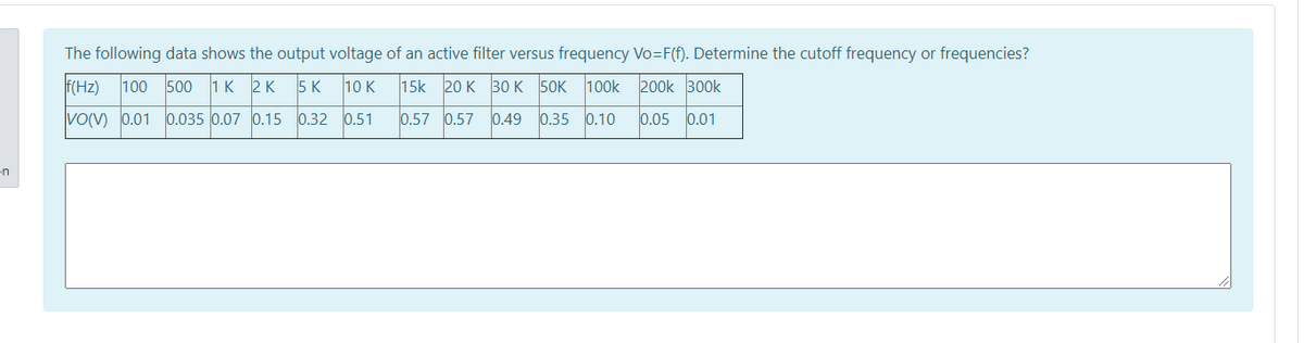 The following data shows the output voltage of an active filter versus frequency Vo=F(f). Determine the cutoff frequency or frequencies?
f(Hz) 100 500 1K 2 K
5 K
10 K
|15k 20 K 30 к 50к
100k 200k 3O0k
vo) 0.01 0.035 0.07 0.15 0.32 0.51
0.57 0.57
0.49
0.35 0.10
0.05
0.01
en
