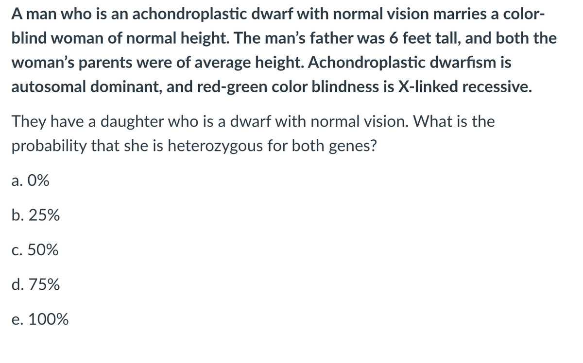 A man who is an achondroplastic dwarf with normal vision marries a color-
blind woman of normal height. The man's father was 6 feet tall, and both the
woman's parents were of average height. Achondroplastic dwarfism is
autosomal dominant, and red-green color blindness is X-linked recessive.
They have a daughter who is a dwarf with normal vision. What is the
probability that she is heterozygous for both genes?
а. 0%
b. 25%
c. 50%
d. 75%
е. 100%
