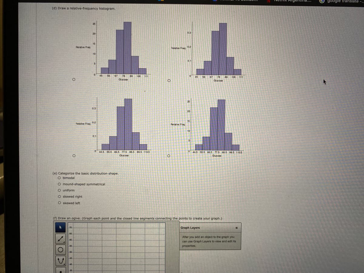 google trahslate
(d) Draw a relative-frequency histogram.
25
03
20
15
Relative Freq
Relatve Freg 0.2
10
01-
5-
45
67 78
89 100 111
45
56 67
78
89
100
111
Glucose
Glucose
25
0.3
20
15
02
Relative Freq
Relative Freg
10
0.1
0 44.5 55.5 66.5 77.5 88.5 99.5 1105
04.5 55.5 66.5 77.5 88.5 09.5 1105
Glucose
Glucose
(e) Categorize the basic distribution shape.
O bimodal
O mound-shaped symmetrical
O uniform
O skewed right
O skewed left
() Draw an ogive. (Graph each point and the closed line segments connecting the points to create your graph.)
70
Graph Layers
65
After you add an object to the graph you
60.
can use Graph Layers to view and edit its
properties.
50
45
40
35
