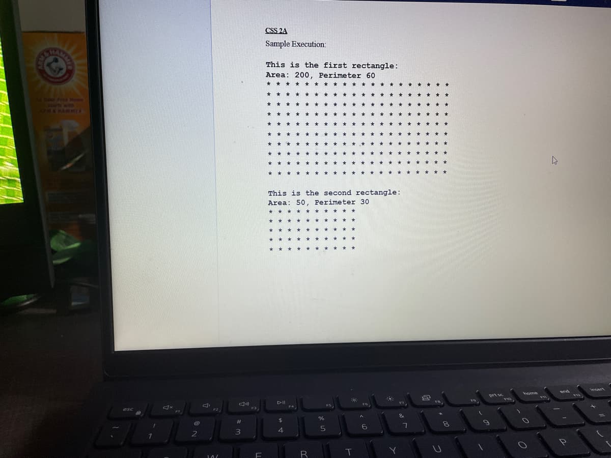 ATM & HAMMIR
esc
1
Jx
FI
2
F2
10/
#
3
»)
F
CSS 2A
Sample Execution:
This is the first rectangle:
Area: 200, Perimeter 60
*
*
*
*
*
*
*
*
*
This is the second rectangle:
Area: 50, Perimeter 30
* * *
**
**
**
DII
$
4
F4
R
%
FS
5
Fo
T
F6
A
6
93
T
&
Y
7
FB
U
*
8
(
prt sc
9
FID
Y
home
O
O
4
end
P
insert