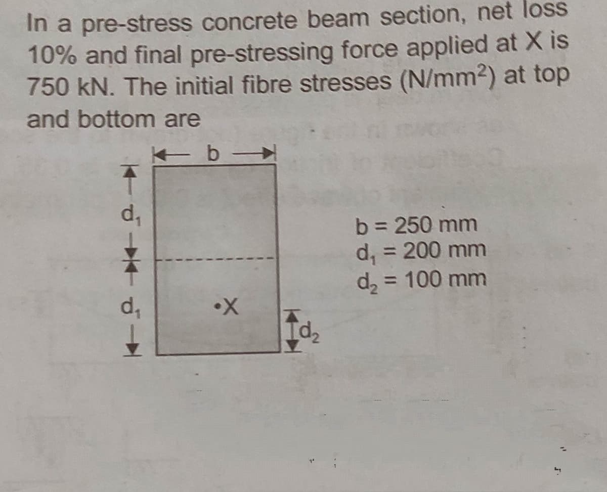 In a pre-stress concrete beam section, net loss
10% and final pre-stressing force applied at X is
750 kN. The initial fibre stresses (N/mm2) at top
and bottom are
d,
b = 250 mm
d, = 200 mm
d, = 100 mm
%3D
d,
d2
