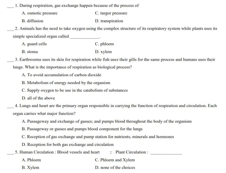 1. During respiration, gas exchange happen because of the process of
A. osmotic pressure
C. turgor pressure
B. diffusion
D. transpiration
2. Animals has the need to take oxygen using the complex structure of its respiratory system while plants uses its
simple specialized organ called
A. guard cells
C. phloem
B. stoma
D. xylem
3. Earthworms uses its skin for respiration while fish uses their gills for the same process and humans uses their
lungs. What is the importance of respiration as biological process?
A. To avoid accumulation of carbon dioxide
B. Metabolism of energy needed by the organism
C. Supply oxygen to be use in the catabolism of substances
D. all of the above
4. Lungs and heart are the primary organ responsible in carrying the function of respiration and circulation. Each
organ carries what major function?
A. Passageway and exchange of gasses; and pumps blood throughout the body of the organism
B. Passageway or gasses and pumps blood component for the lungs
C. Reception of gas exchange and pump station for nutrients, minerals and hormones
D. Reception for both gas exchange and circulation
5. Human Circulation : Blood vessels and heart
:: Plant Circulation :
A. Phloem
C. Phloem and Xylem
B. Xylem
D. none of the choices
