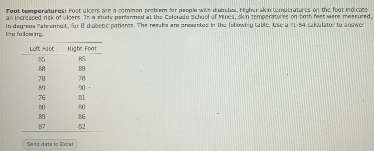 Foot temperatures: Foot ulcers are a common problem for people with diabetes. Higher skin temperatures on the foot indicate
an increased risk of ulcers. In a study performed at the Colorado School of Mines, skin temperatures on both feet were measured,
in degrees Fahrenheit, for 8 diabetic patients. The results are presented in the following table. Use a TI-84 calculator to answer
the following.
Left Foot
Right Foot
85
85
88
89
78
78
89
90 ·
76
81
80
80
89
86
87
82
Send data to Excel

