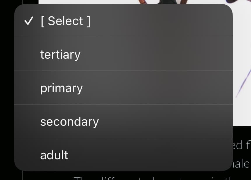 ✓ [Select]
tertiary
primary
secondary
adult
ed f
ale