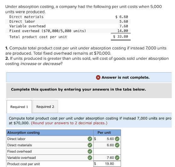 Under absorption costing, a company had the following per unit costs when 5,000
units were produced.
Direct materials
Direct labor
$ 6.60
5.60
Variable overhead
7.60
Fixed overhead ($70,000/5,000 units)
14.00
Total product cost per unit
$ 33.80
1. Compute total product cost per unit under absorption costing if instead 7,000 units
are produced. Total fixed overhead remains at $70,000.
2. If units produced is greater than units sold, will cost of goods sold under absorption
costing increase or decrease?
Answer is not complete.
Complete this question by entering your answers in the tabs below.
Required 1 Required 2
Compute total product cost per unit under absorption costing if instead 7,000 units are pro
at $70,000. (Round your answers to 2 decimal places.)
Absorption costing
Per unit
Direct labor
Direct materials
Fixed overhead
Variable overhead
Product cost per unit
>>
$
$
5.60
6.60
7.60
19.80