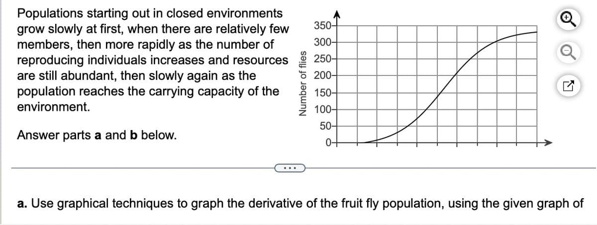 Populations starting out in closed environments
grow slowly at first, when there are relatively few
members, then more rapidly as the number of
reproducing individuals increases and resources
are still abundant, then slowly again as the
population reaches the carrying capacity of the
environment.
Answer parts a and b below.
350-
300-
250-
이 200-
150-
100-
50-
Number of flies
0+
a. Use graphical techniques to graph the derivative of the fruit fly population, using the given graph of