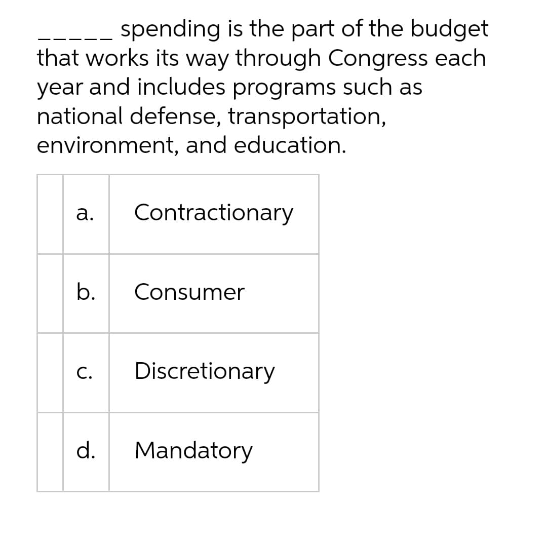 spending is the part of the budget
that works its way through Congress each
year and includes programs such as
national defense, transportation,
environment, and education.
а.
Contractionary
b.
Consumer
C.
Discretionary
d.
Mandatory
