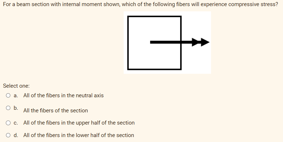 For a beam section with internal moment shown, which of the following fibers will experience compressive stress?
Select one:
O a. All of the fibers in the neutral axis
O b.
All the fibers of the section
O c. All of the fibers in the upper half of the section
O d. All of the fibers in the lower half of the section