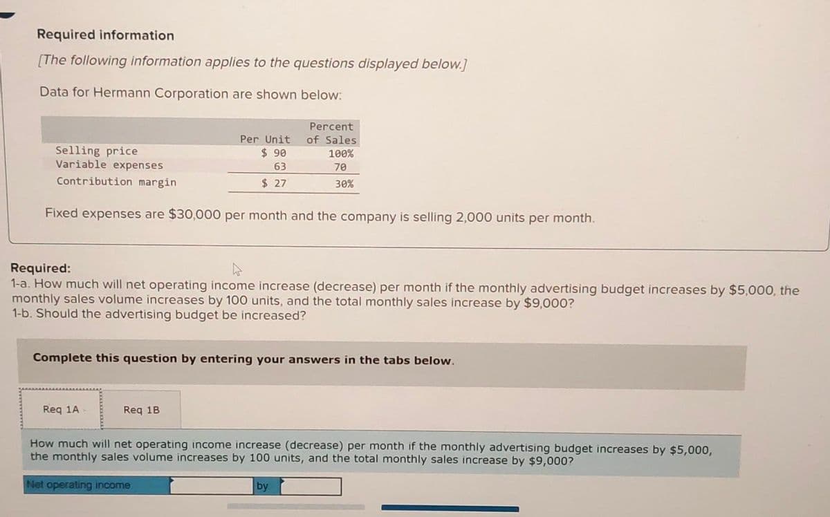 Required information
[The following information applies to the questions displayed below.]
Data for Hermann Corporation are shown below:
Selling price
Variable expenses
Contribution margin
Per Unit
$ 90
63
$ 27
Fixed expenses are $30,000 per month and the company is selling 2,000 units per month.
Required:
1-a. How much will net operating income increase (decrease) per month if the monthly advertising budget increases by $5,000, the
monthly sales volume increases by 100 units, and the total monthly sales increase by $9,000?
1-b. Should the advertising budget be increased?
Req 1A-
Percent
of Sales
100%
70
30%
Complete this question by entering your answers in the tabs below.
Req 1B
How much will net operating income increase (decrease) per month if the monthly advertising budget increases by $5,000,
the monthly sales volume increases by 100 units, and the total monthly sales increase by $9,000?
Net operating income
by