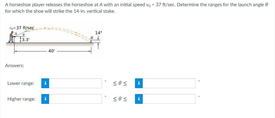 A horseshoe player releases the horseshoe at A with an initial speed vo = 37 ft/sec. Determine the ranges for the launch angle e
for which the shoe will strike the 14-in. vertical stake.
Vo = 37 ft/sec
!3!
14"
в
A 3.3'
40'
Answers:
Lower range:
i
Higher range:
i
