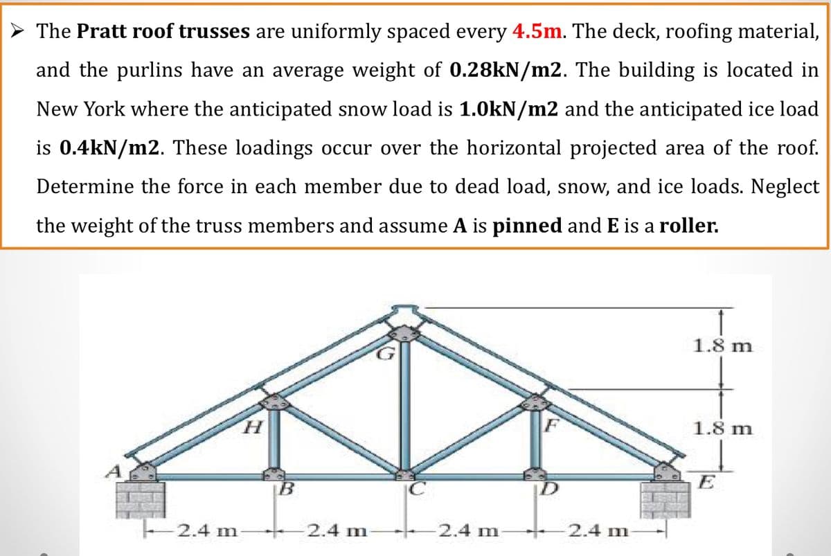 ➤ The Pratt roof trusses are uniformly spaced every 4.5m. The deck, roofing material,
and the purlins have an average weight of 0.28kN/m2. The building is located in
New York where the anticipated snow load is 1.0kN/m2 and the anticipated ice load
is 0.4kN/m2. These loadings occur over the horizontal projected area of the roof.
Determine the force in each member due to dead load, snow, and ice loads. Neglect
the weight of the truss members and assume A is pinned and E is a roller.
H
2.4 m-
B
2.4 m
-2.4 m
F
-2.4 m-
1.8 m
1.8 m
E