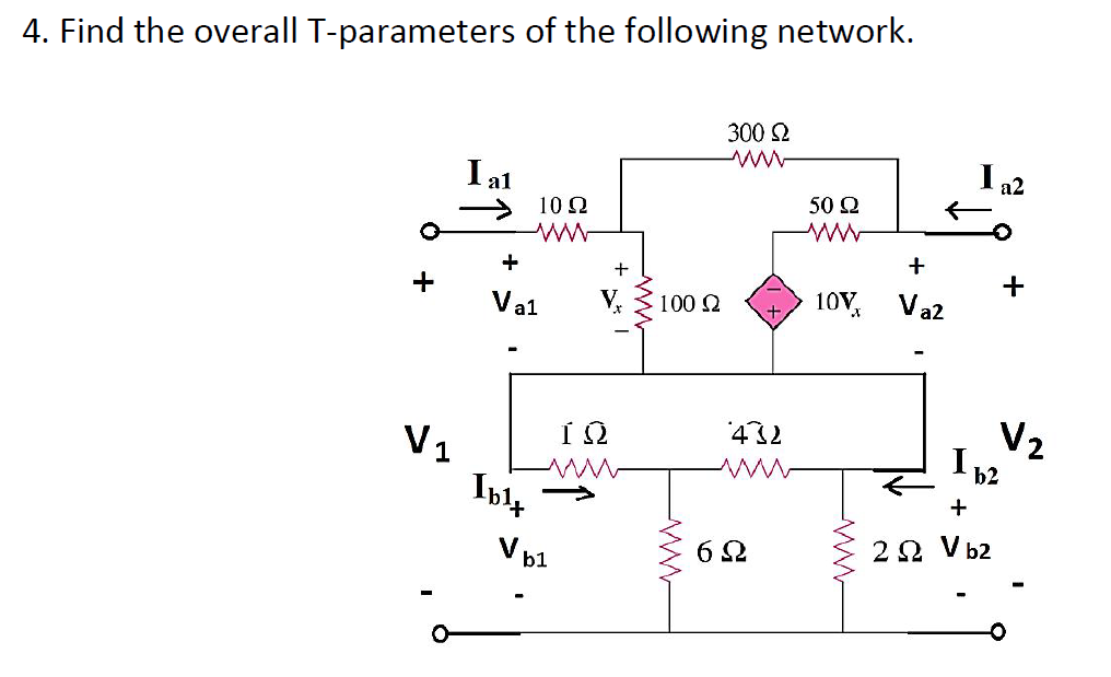 4. Find the overall T-parameters of the following network.
300 Ω
www
I al
50 Ω
3 10Ω
+
Va1
V1
Ib17
+
V bl
ΤΩ
+
100 Q
ww
ΤΩ
www
6Ω
+
107, Va2
2 Ω
+
I 22
V2
1.13
b2