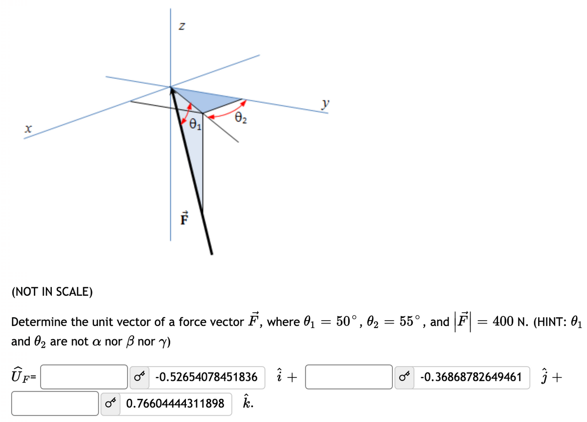 y
(NOT IN SCALE)
Determine the unit vector of a force vector F, where 01 = 50°, 02 = 55°, and F = 400 N. (HINT: 01
and 02 are not a nor B nor y)
o -0.52654078451836
o -0.36868782649461
o 0.76604444311898
k.
