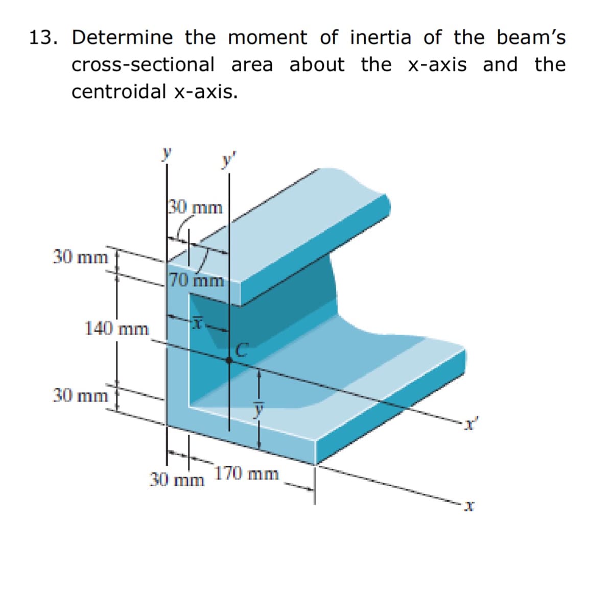 13. Determine the moment of inertia of the beam's
cross-sectional area about the x-axis and the
centroidal x-axis.
30 mm
30 mm
70 mm
140 mm
30 mm
170 mm
30 mm
