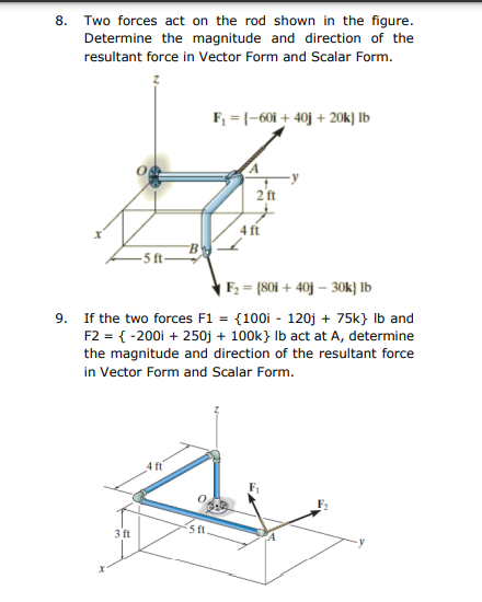 8. Two forces act on the rod shown in the figure.
Determine the magnitude and direction of the
resultant force in Vector Form and Scalar Form.
F, = {-601 + 40j + 20k} lb
2 ft
4 ft
-5 f-
| F2 = {80i + 40j – 30k} lb
9. If the two forces F1 = {100i - 120j + 75k} Ib and
F2 = { -200i + 250j + 100k} Ib act at A, determine
the magnitude and direction of the resultant force
in Vector Form and Scalar Form.
4 ft
3 ft
5 ft
