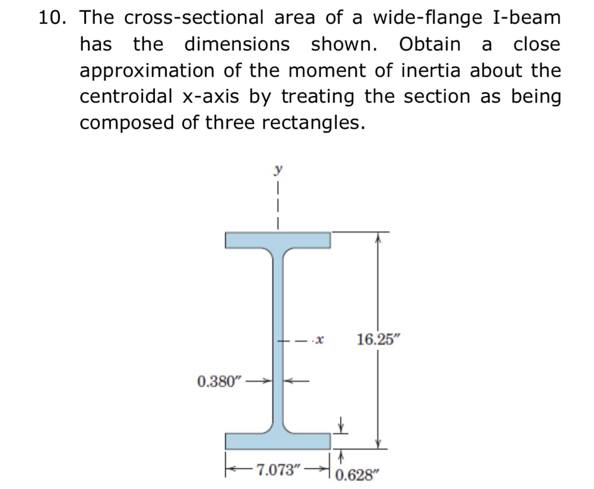 10. The cross-sectional area of a wide-flange I-beam
has the dimensions shown. Obtain a close
approximation of the moment of inertia about the
centroidal x-axis by treating the section as being
composed of three rectangles.
y
16.25"
0.380"
- 7.073"
0.628"
