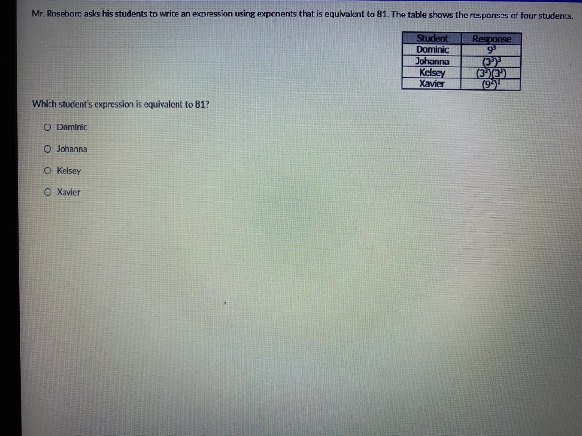 Mr. Roseboro asks his students to write an expression using exponents that is equivalent to 81. The table shows the responses of four students.
Student
Dominic
Johanna
Kelsey
Xavier
Response
(3)
(3)(3)
(9)1
Which student's expression is equivalent to 81?
O Dominic
O Johanna
O Kelsey
O Xavier
