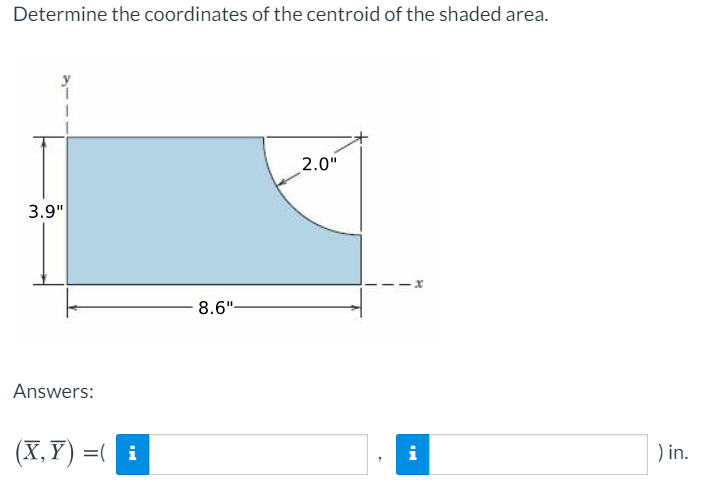 **Determine the coordinates of the centroid of the shaded area.**

The image shows a composite shape, which includes a rectangle and a quarter-circle cutout. The rectangle has a height of 3.9 inches and a width of 8.6 inches. The quarter-circle cutout has a radius of 2.0 inches located at the top right corner of the rectangle.

**Answers:**

The centroid coordinates \((\bar{X}, \bar{Y}) = (\_\_\_, \_\_\_) \text{ in.}\) 

(Fill in the text boxes with the correct values for the centroid coordinates.)