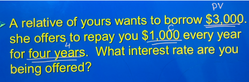 4
PV
A relative of yours wants to borrow $3,000.
she offers to repay you $1,000 every year
for four years. What interest rate are you
being offered?