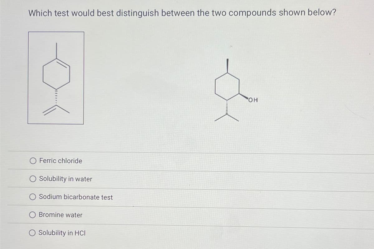 Which test would best distinguish between the two compounds shown below?
O Ferric chloride
O Solubility in water
Sodium bicarbonate test
Bromine water
O Solubility in HCI
OH