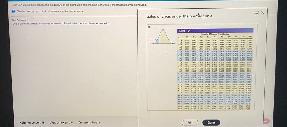 Find the Z-scores that separate the middle 93% of the distribution from the area in the tails of the standard normal distribution.
Click the icon to view a table of areas under the normal curve.
Tables of areas under the normal curve
The Z-scores are
(Use a comma to separate answers as needed. Round to two decimal places as needed.)
TABLE V
Standard Normal Distribution
.00
.01
.02
.03
.04
.05
.06
07
.08
.09
Area
0.0003
0.0003
0.0003
0.0002
0.0003
0.0005
0.0003
-34
<-33
-3.2
0.0003
0.0005
0.0007
0.0003
0.0004
0.0006 0.0006
0.0003
0.0003
0.0003
0.0004
0.0006
0.0004 0.0004
0.0005
0.0005 0.0004
0.0004
0.0005
0.0007
0.0006
0.0006
0.0005
0.0007
0.0010
0.0007
<-3.1
-30
0.0009
0.0008
0.0011
0.0008
0.0011
0.0010
0.0009
0.0012
0.0009
0.0008
0.0008
0.0013
0.0013
0.0013
0.0012
0.0011
0.0010
0.0018 0.0017 0.0016
0.0023
0.0032
0.0016
0.0022
0.0030
0.0015
0.0021
0.0029
0.0015
0.0021
0.0014
0.0020
0L0027
0.0014
0.0019
-29
0.0019
-28
-27
0.0026
0.0035
0.0018
0.0025
0.0034
0.0024
0.0033
0.0023
0.0031
0.0028
-2.6
<-25
0.0038
0.0051
0.0043
0.0040
0.0037
0.0047 0.004S
0.0062
0.0060
0.0044
0.0059
0.0041
0.0055
0.0039
0.0052
0.0036
0.0048
0.0057
0.0054
0.0049
0.0080
-24
-23
-22
0.0082
0.0107
0.0139
0.0075
0.0099
0.0132 0.0129
0.0078
0.0102
0.0071
0.0094
0.0125 0.0122
0.0162
0.0207
0.0064
0.0084
0.0073
0.0104
0.0136
0.0069
0.0091
0.0119
0.0068
0.0089
0.0066
0.0087
0.0116 0.0113 0.0110
0.0096
0.0170
0.0179
0.0228
00174
0.0222
L0143
QOI83
0.0166
-21
-2.0
0.0158
0.0202
0.0154
0.0197
Q0150
Q0192
0.0146
0.0217 0.0212
<-1.9
-18
-17
<-16
<-15
0.0287
0.0359
0.0281
0.0351
0.0436
0.0537
0.0655
0.0274
0.0344
0.0427
0.0526
0.0643
0.0268
0.0336
0.0418
0.0516
0.0630
0.0262
0.0329
0.0409
0.0505
0.0256
0.0322
0.0401
0.0495
0.0233
0.094
00367
0.0453
0.0250
0.0244
0.0307
Q0384
00475
0.0239
0.0501
0.0446
0.0548
0.0392
0.0485
a0375
0.0465
0.0571
0.0668
0.0618
0.0606
0L0594
L0582
0O559
0.0681
LO823
0.0985
<-14
-13
-12
-L1
0.O808 0.0793 0.0778
0.0968 0.0951
0.1151 0.1131
0.1357 0.1335
0.1587 0.1562
0.0934
Q1112
0.1314
0.1539
0.0764
0.0918
0.1093
0.1292
0.1515
0.0749
0.0901
0.1075
0.1271
01492
0.0735 00721
CLOS8S
0.0869
LL1056
QI038
01251
Q0708
0.0853
Q1020
0.0694
0.0838
Q1003
a1210 a190 a1170
Q1401 Q1379
0.1230
<-10
0.1469
0.1446
01423
-0.9
-08
-0.7
01841 0.1814 Q1788
0.2119
0.2420 02389
0.2743 02709 02676
0.1762
0.2033
0.2327
0.2643
0.2981
0.1736
0.2005
0.2296
0.2611
0.2946
0.1685
0.1949
0.2236
42546 02514
0.912 02877 02843
0.1711
0.1977
0.2266
0.2578
0.1660
Q1922
02206
a1635
0.1894
02177
0.2483
02810
Q.1611
0.1867
0.2148
0.2451
02776
0.2090
0.2061
0.2358
-0.6
-0.5
0.3085
0.3050
0.3015
-0.4
-03
0.3446
0.3821
0.3409 0.3372 03336
0.3745
04129
03300
0.3669
04052
0.3364
0.3632
P28 03192
03594 0.35S
2074
0.3156
0.3520
03121
0.3483
0.3783
0.3707
-02
0168
Help me solve this
View an example
Get more help -
Print
Done
ver
