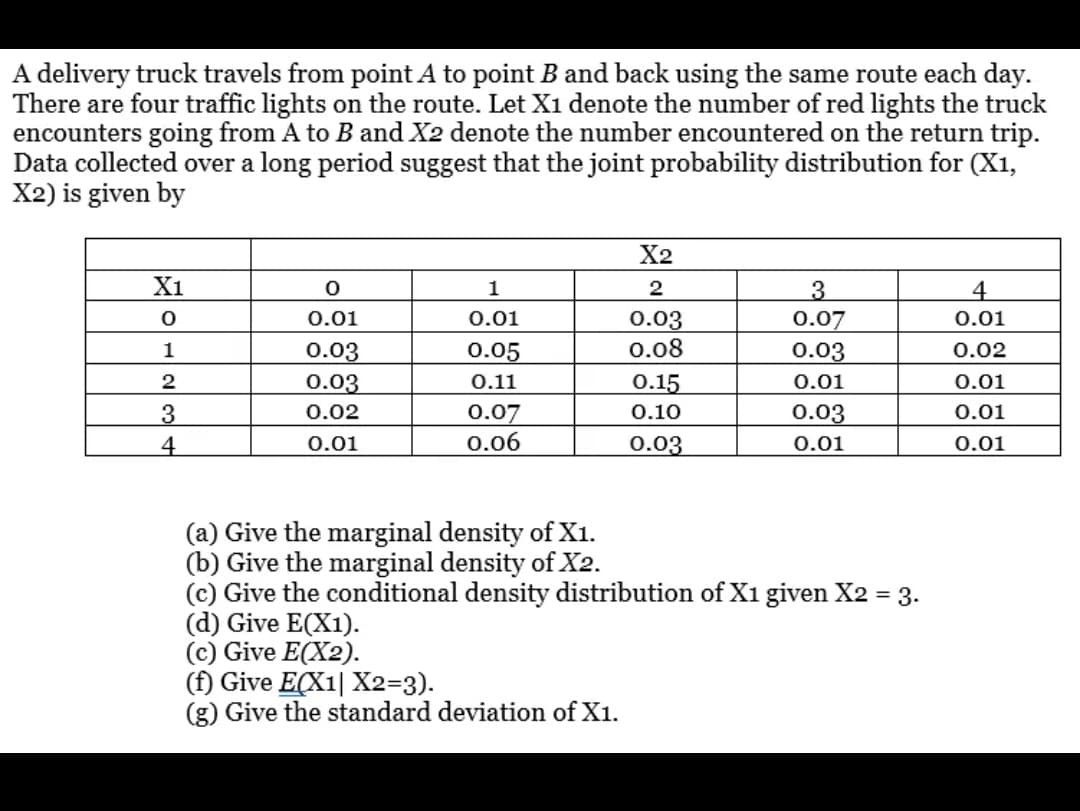 A delivery truck travels from point A to point B and back using the same route each day.
There are four traffic lights on the route. Let Xi denote the number of red lights the truck
encounters going from A to B and X2 denote the number encountered on the return trip.
Data collected over a long period suggest that the joint probability distribution for (X1,
X2) is given by
X2
X1
1
2
3
4.
0.01
0.01
0.03
0.08
0.07
0.03
0.01
1
0.02
0.03
0.03
0.05
2
0.11
О.15
0.01
0.01
0.07
0.06
0.01
3
4
0.02
0.10
0.03
0.01
0.03
0.01
0.01
(a) Give the marginal density of X1.
(b) Give the marginal density of X2.
(c) Give the conditional density distribution of Xı given X2 = 3.
(d) Give E(X1).
(c) Give E(X2).
(f) Give E(X1| X2=3).
(g) Give the standard deviation of X1.
