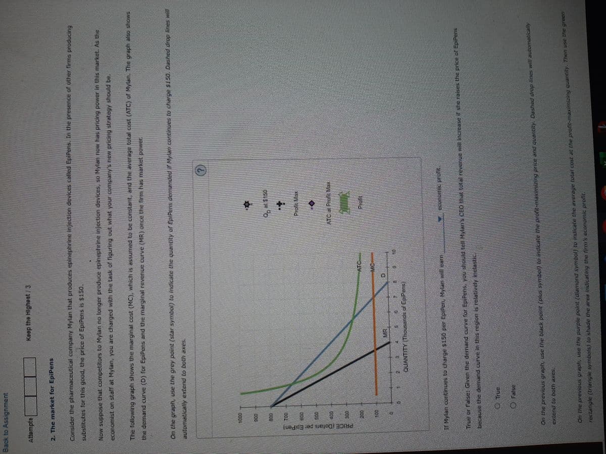 Back to Assignment
Attempte
2. The market for EpiPens
Consider the pharmaceutical company Mylan that produces epinephrine injection devices called EpiPens. In the presence of other firms producing
substitutes for this good, the price of EpiPens is $150.
Now suppose that competitors to Mylan no longer produce epinephrine injection devices, so Mylan now has pricing power in this market. As the
economist on staff at Mylart, you are charged with the task of figuring out what your company's new pricing strategy should be.
The following graph shows the marginal cost (MC), which is essumed to be constant, and the average total cost (ATC) of Mylen. The graph also shows
JAMOD JANUALUL SEU UuU aun 324D (gw) ann an AM, PUIŠJEW) Din pue suadida (0) (0) ANDA SUPwar 241
On the graph, use the grer point (star symbol) to indicate the quantity of EpiPere demanded in Mylan continues to charge $150. Deshed drop lines will
sudomsically extend to both, exes.
e fat par JECH 342
AN
Keep the Highest/3
COP
anAL O
1)...
suaj do to spuesnoul ALUNYOO
False
D1 Mylan continues to charge $150 per EpiPen Mylan will carry
OTE
D
True or falde: Given the demand curve for EpiPere, you should.
because the demand curve in this region is relatively inclastic.
Ave Lang CU PUPIG.
INTO,
ATC...
-MC-
On thie previous grach., use the bladk point (pius symbl) co indicate|
Cw the previous graph, use the par pie point (dlamund anec
Vau Aubernu Fave Fun anevs or fanouke ar dvejoji adverzau
OSLS" "O
4.
Prof. Max
ATEJ. Prof. Mak
Vi economic profit..
surgida jo boud ay sasietays ji Seasu je SOURNAL (210) jeusogo suekin, m
APERTURE DU say dan paseo "Murant nue F S
to a way towers SwrHIEU-DAN AU7 12 1500 1910) Sõelavie aus atpam d
