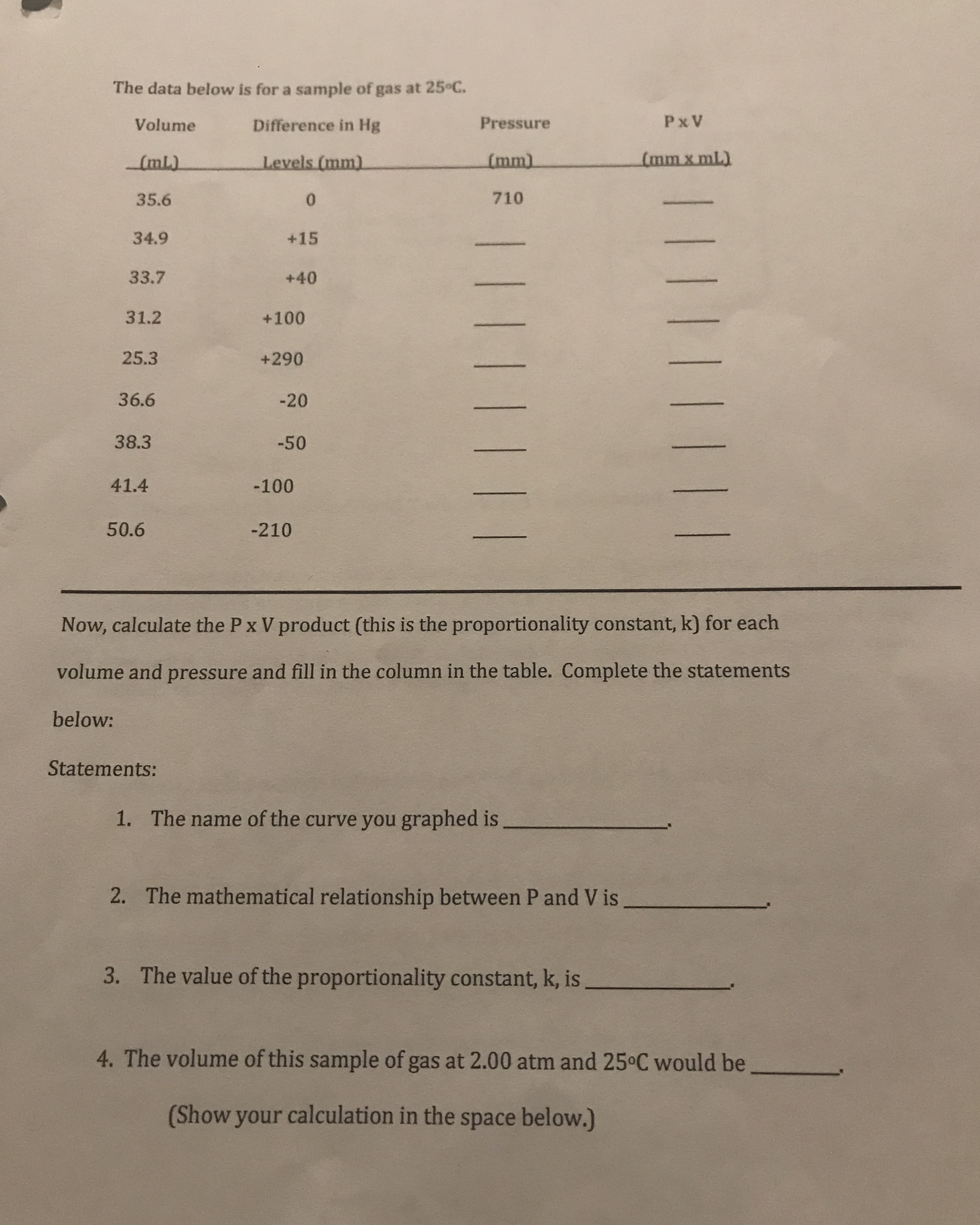 The data below is for a sample of gas at 25°C.
PxV
Pressure
Difference in Hg
Volume
(mmx mL)
Levels (mm)
(mm)
LmL)
710
35.6
0
34.9
+15
33.7
+40
31.2
+100
25.3
+290
36.6
-20
38.3
-50
41.4
-100
50.6
-210
Now, calculate the Px V product (this is the proportionality constant, k) for each
volume and pressure and fill in the column in the table. Complete the statements
below:
Statements:
The name of the curve you graphed is
1.
The mathematical relationship between P and V is
2.
The value of the proportionality constant, k, is
3.
4. The volume of this sample of gas at 2.00 atm and 25°C would be
(Show your calculation in the space below.)
ITIF | | | !
