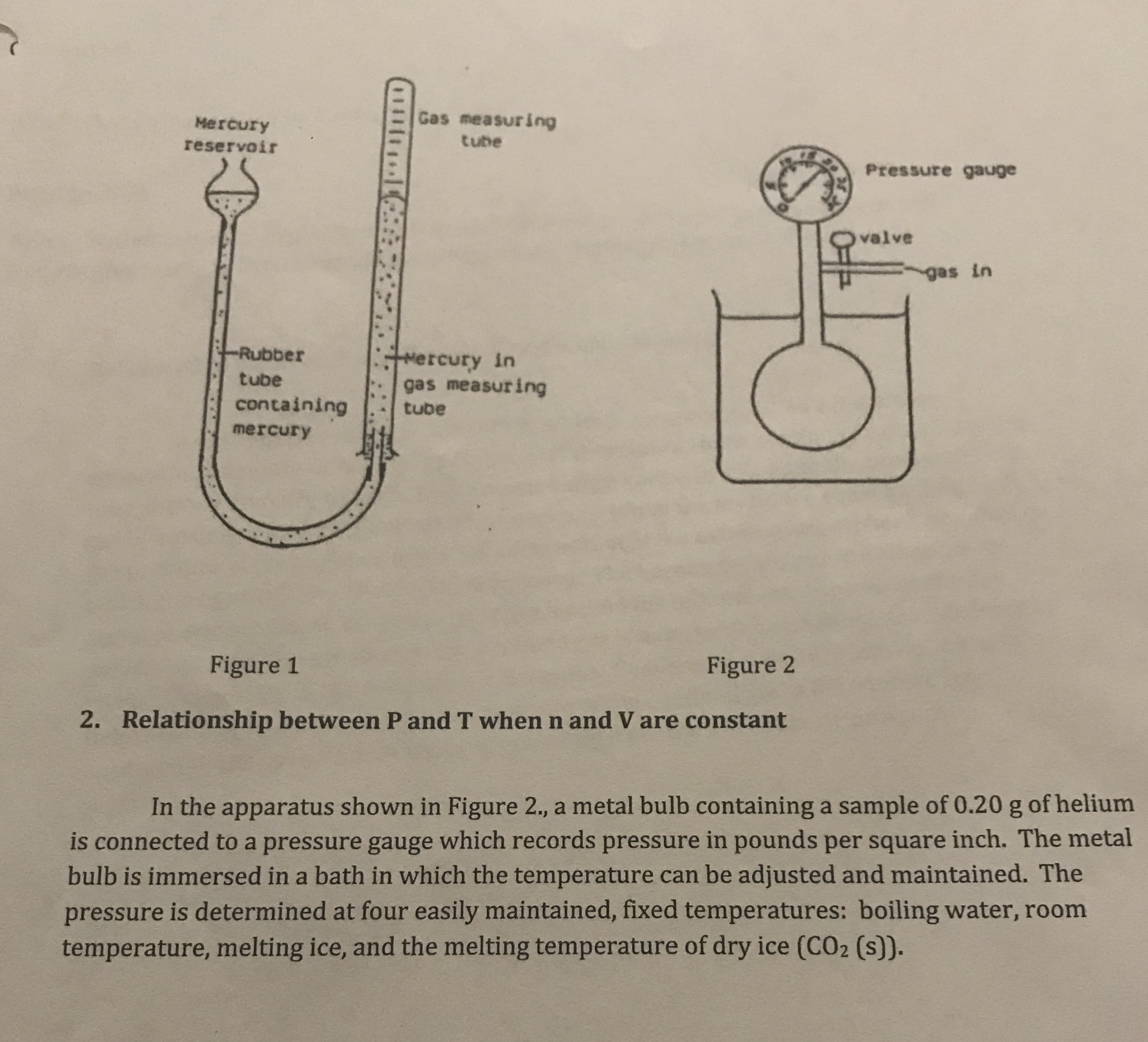 Gas measuring
Mercury
tube
reservoir
Pressure gauge
valve
gas in
Rubber
M
ercury in
tube
gas measuring
containing
tube
mercury
Figure 1
Figure 2
Relationship between P and T when n and V are constant
2.
In the apparatus shown in Figure 2., a metal bulb containing a sample of 0.20 g of helium
is connected to a pressure gauge which records pressure in pounds per square inch. The metal
bulb is immersed in a bath in which the temperature can be adjusted and maintained. The
pressure is determined at four easily maintained, fixed temperatures: boiling water, room
temperature, melting ice, and the melting temperature of dry ice (CO2 (s)).
