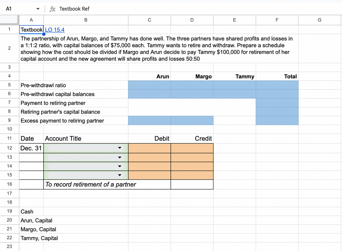 A1
1
2
(O
3
4
5 Pre-withdrawl ratio
6
7
8
9
10
11
12
13
14
15
16
17
18
19
20
21
fx Textbook Ref
22
23
A
Textbook LO 15.4
The partnership of Arun, Margo, and Tammy has done well. The three partners have shared profits and losses in
a 1:1:2 ratio, with capital balances of $75,000 each. Tammy wants to retire and withdraw. Prepare a schedule
showing how the cost should be divided if Margo and Arun decide to pay Tammy $100,000 for retirement of her
capital account and the new agreement will share profits and losses 50:50
Pre-withdrawl capital balances
Payment to retiring partner
Retiring partner's capital balance
Excess payment to retiring partner
Date Account Title
Dec. 31
B
To record retirement of a partner
Cash
Arun, Capital
Margo, Capital
Tammy, Capital
C
Arun
Debit
D
Margo
E
Credit
F
Tammy
Total
G