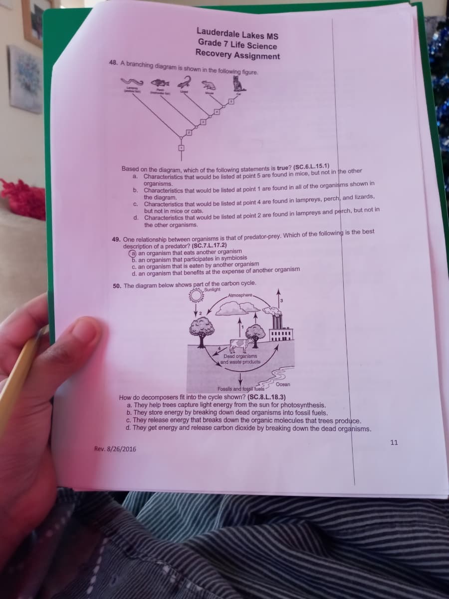 Lauderdale Lakes MS
Grade 7 Life Science
Recovery Assignment
48. A branching diagram is shown in the following figure.
Based on the diagram, which of the following statements is true? (SC.6.L.15.1)
a. Characteristics that would be listed at point 5 are found in mice, but not in the other
organisms.
D. Characteristics that would be listed at point 1 are found in all of the organisms shown in
the diagram.
Characteristics that would be listed at point 4 are found in lampreys, perch, and lizards,
but not in mice or cats.
d. Characteristics that would be listed at point 2 are found in lampreys and perch, but not in
the other organisms.
49. One relationship between organisms is that of predator-prey. Which of the following is the best
description of a predator? (SC.7.L.17.2)
a an organism that eats another organism
5. an organism that participates in symbiosis
C. an organism that is eaten by another organism
d. an organism that benefits at the expense of another organism
50. The diagram below shows part of the carbon cycle.
Sunlight
Atmosphere
Dead organisms
and waste products
Ocean
Fossils and fosil fuels
How do decomposers fit into the cycle shown? (SC.8.L.18.3)
a. They help trees capture light energy from the sun for photosynthesis.
b. They store energy by breaking down dead organisms into fossil fuels.
c. They release energy that breaks down the organic molecules that trees produce.
d. They get energy and release carbon dioxide by breaking down the dead organisms.
11
Rev. 8/26/2016
