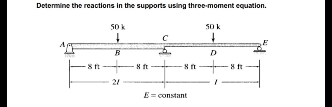 Determine the reactions in the supports using three-moment equation.
50 k
50 k
E
B
D
8 ft
8 ft
8 ft
8 ft
21
E = constant
